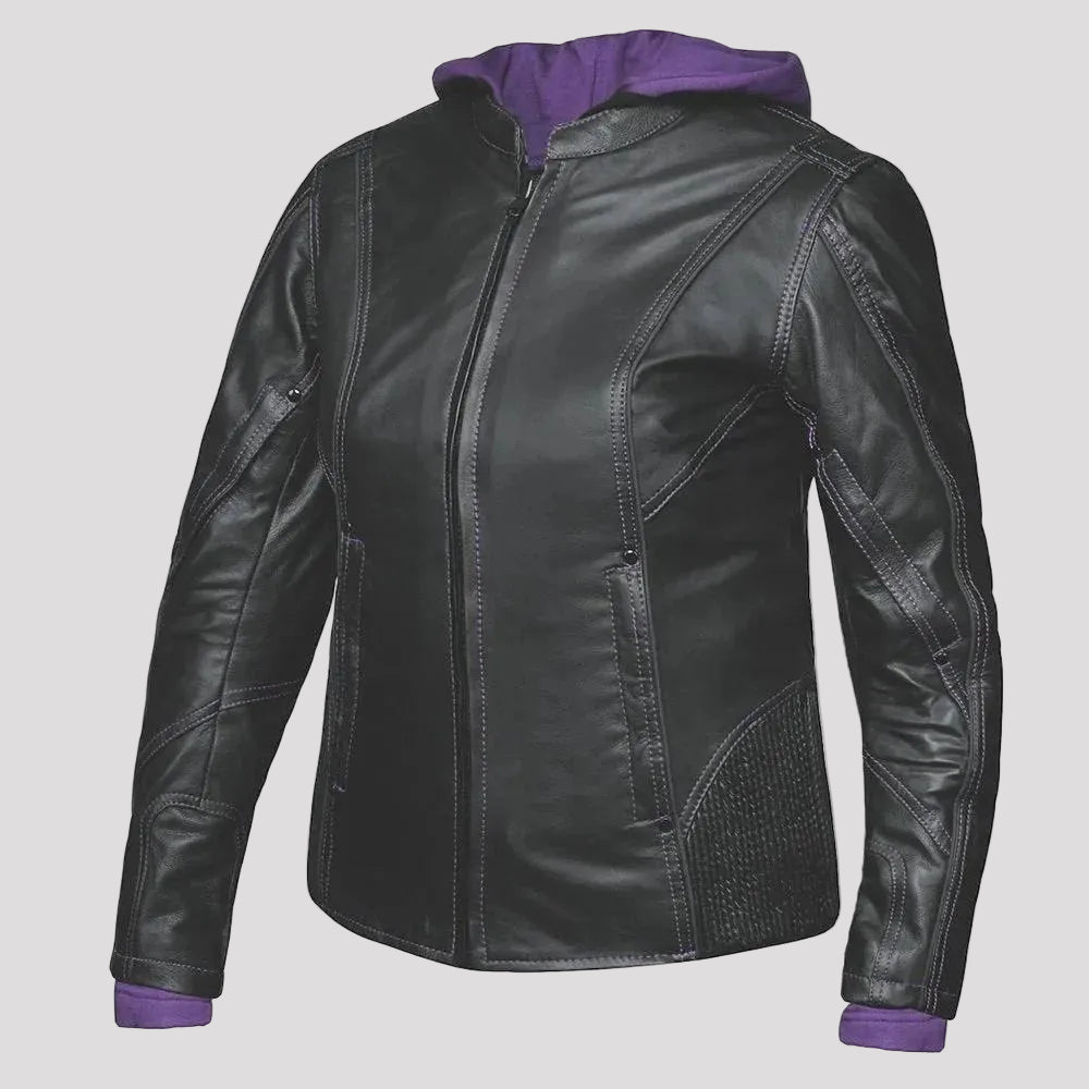 Black leather women's biker jacket with purple accents on a white background
