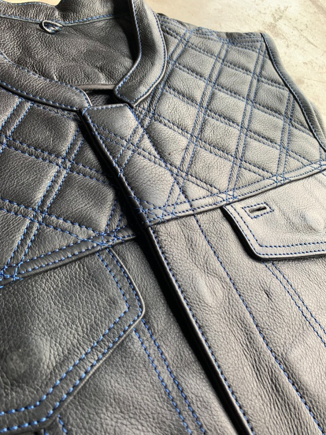 Open Road Men's Upside Leather with Blue Stitched Diamonds Vest - Boutique of Leathers/Open Road