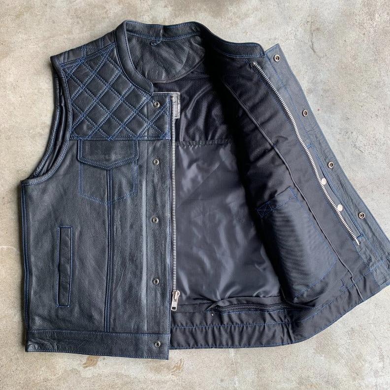 Open Road Men's Upside Leather with Blue Stitched Diamonds Vest - Boutique of Leathers/Open Road