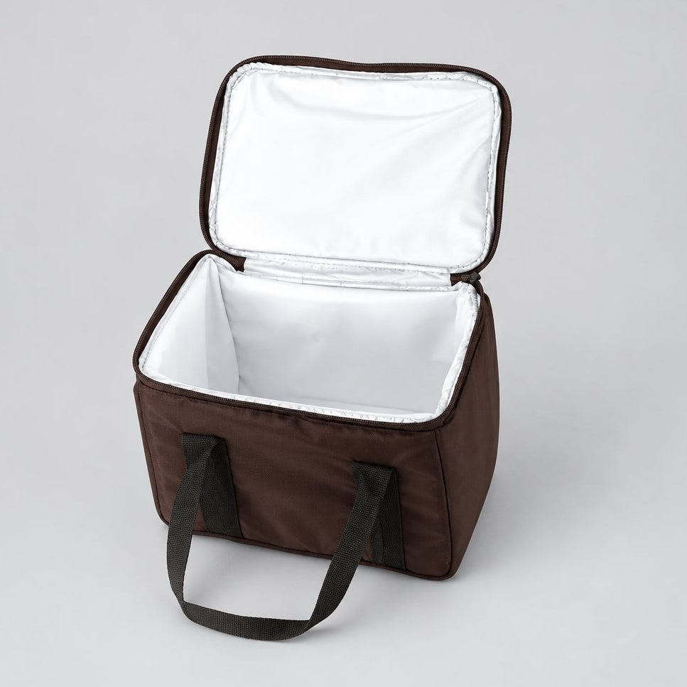 An open dark brown insulated cooler bag with a silver reflective lining