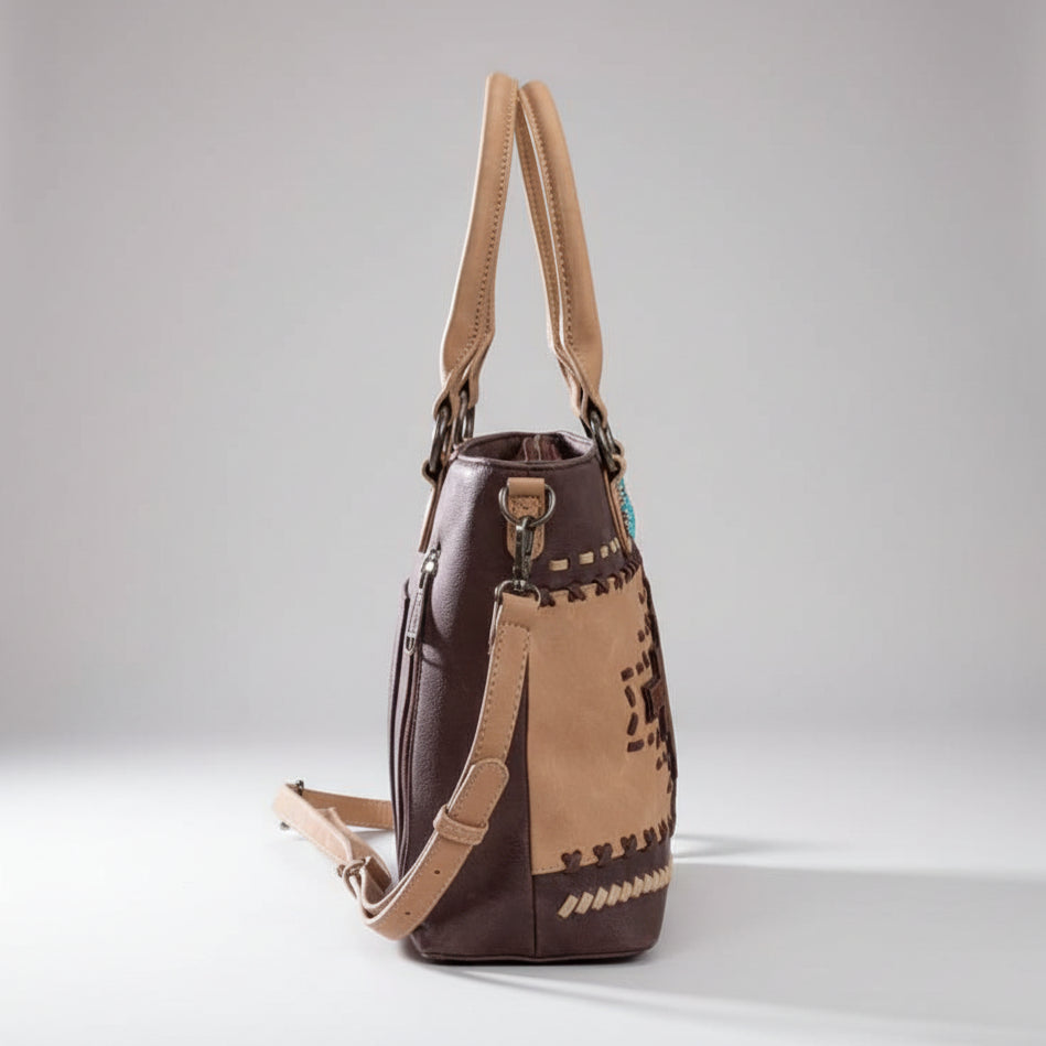 Montana West Western Tooled Aztec Tote. Structured PU Leather Crossbody with Turquoise Accents - Boutique of Leathers/Open Road