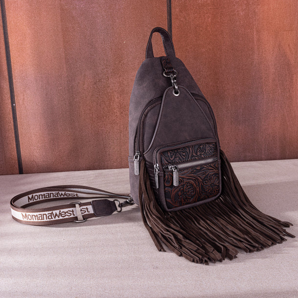 Montana West Tooled Fringe Sling Bag. Western PU Leather Floral Crossbody with Adjustable Strap - Boutique of Leathers/Open Road