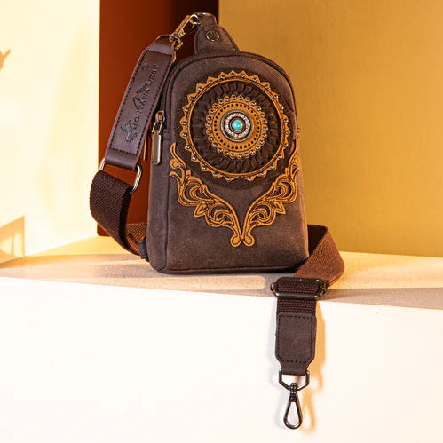 Montana West Concho Embroidered Sling Bag. Western Crossbody with Turquoise Rhinestone & Whipstitch Detail - Boutique of Leathers/Open Road
