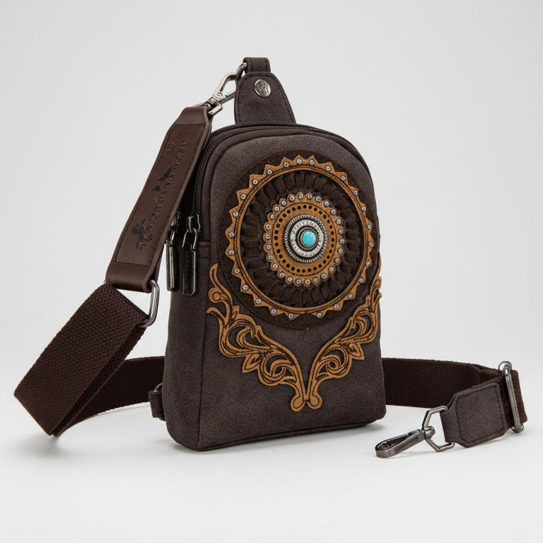 Montana West Concho Embroidered Sling Bag. Western Crossbody with Turquoise Rhinestone & Whipstitch Detail - Boutique of Leathers/Open Road