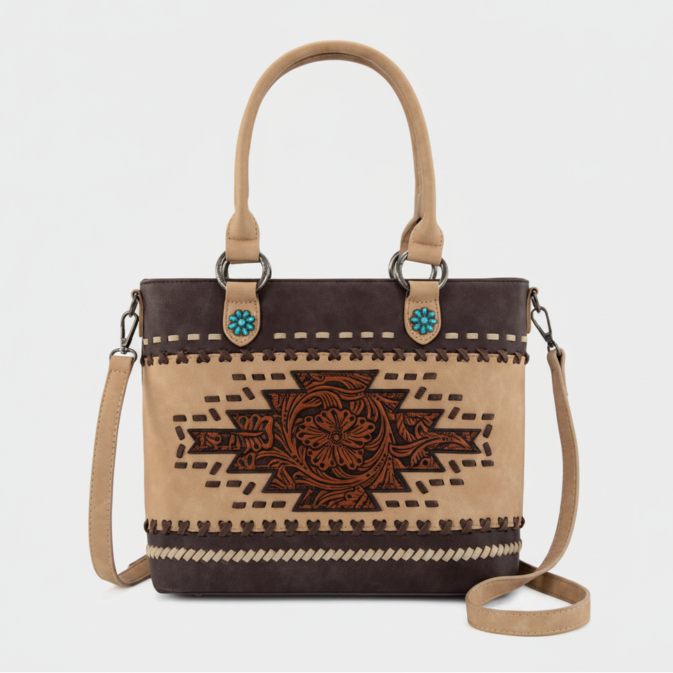 Montana West Western Tooled Aztec Tote. Structured PU Leather Crossbody with Turquoise Accents - Boutique of Leathers/Open Road