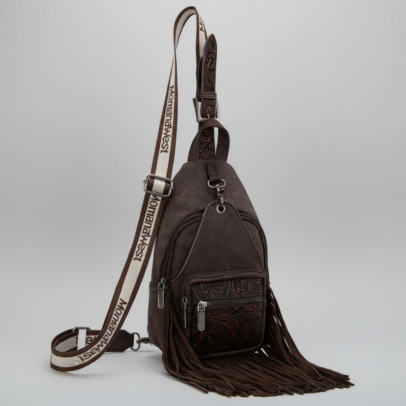 Montana West Tooled Fringe Sling Bag. Western PU Leather Floral Crossbody with Adjustable Strap - Boutique of Leathers/Open Road