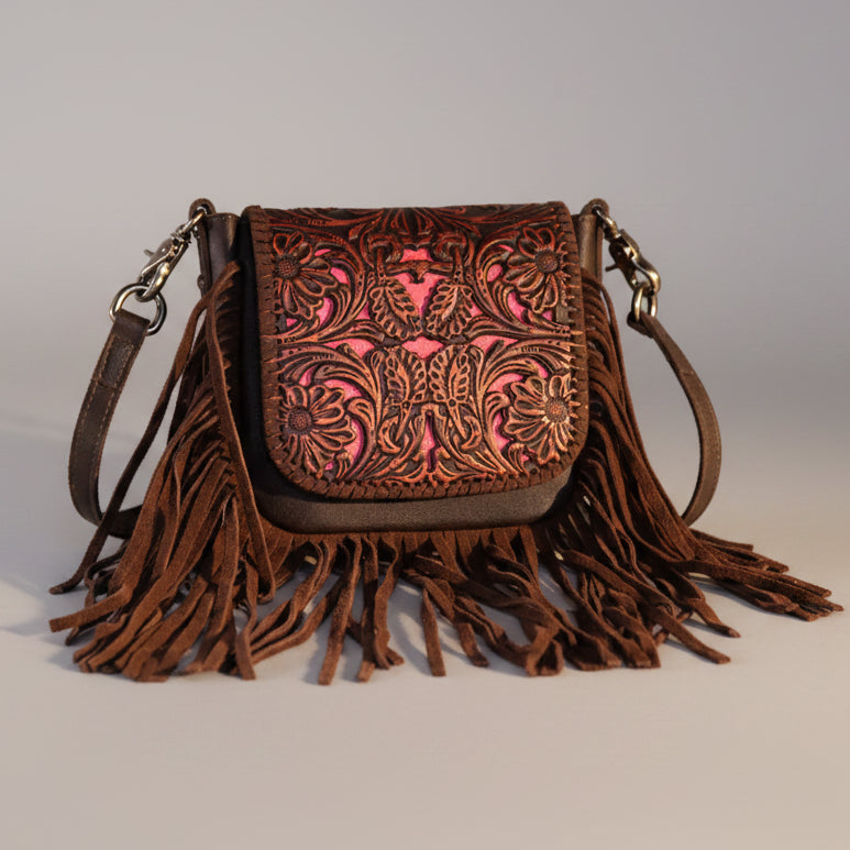 Montana West Vintage Tooled Leather Fringe Crossbody Bag. Floral Embossed Western Bag - Boutique of Leathers/Open Road