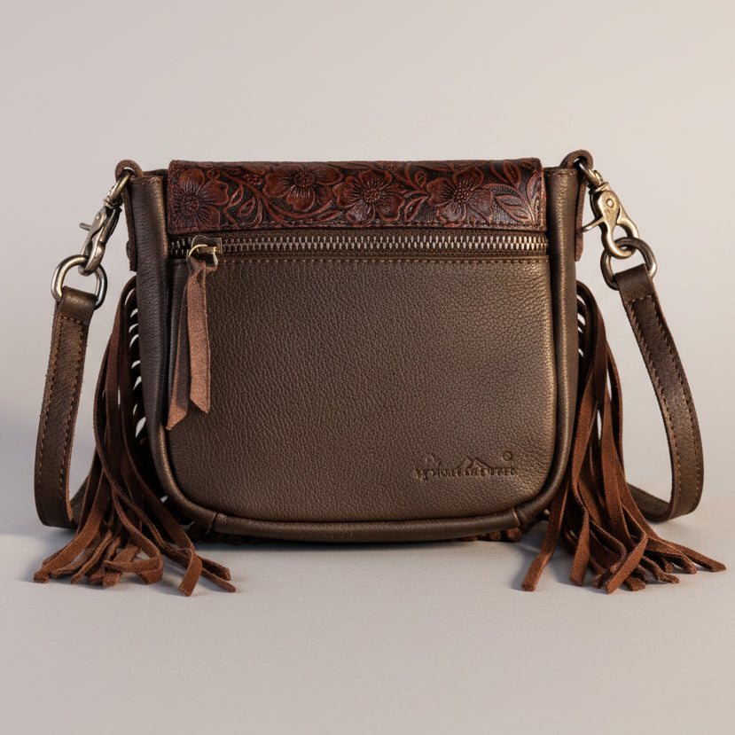Montana West Vintage Tooled Leather Fringe Crossbody Bag. Floral Embossed Western Bag - Boutique of Leathers/Open Road