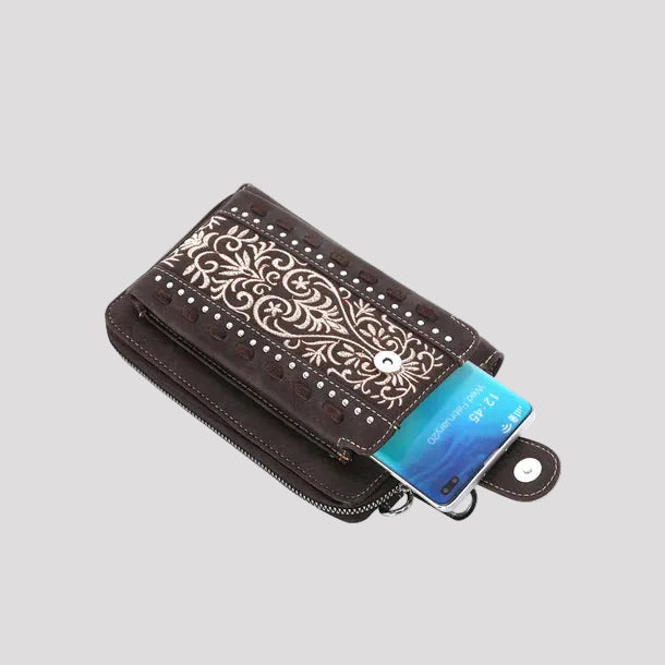 Montana West Embroidered Phone Wallet. Western Crossbody Cell Phone Bag with Turquoise Concho - Boutique of Leathers/Open Road
