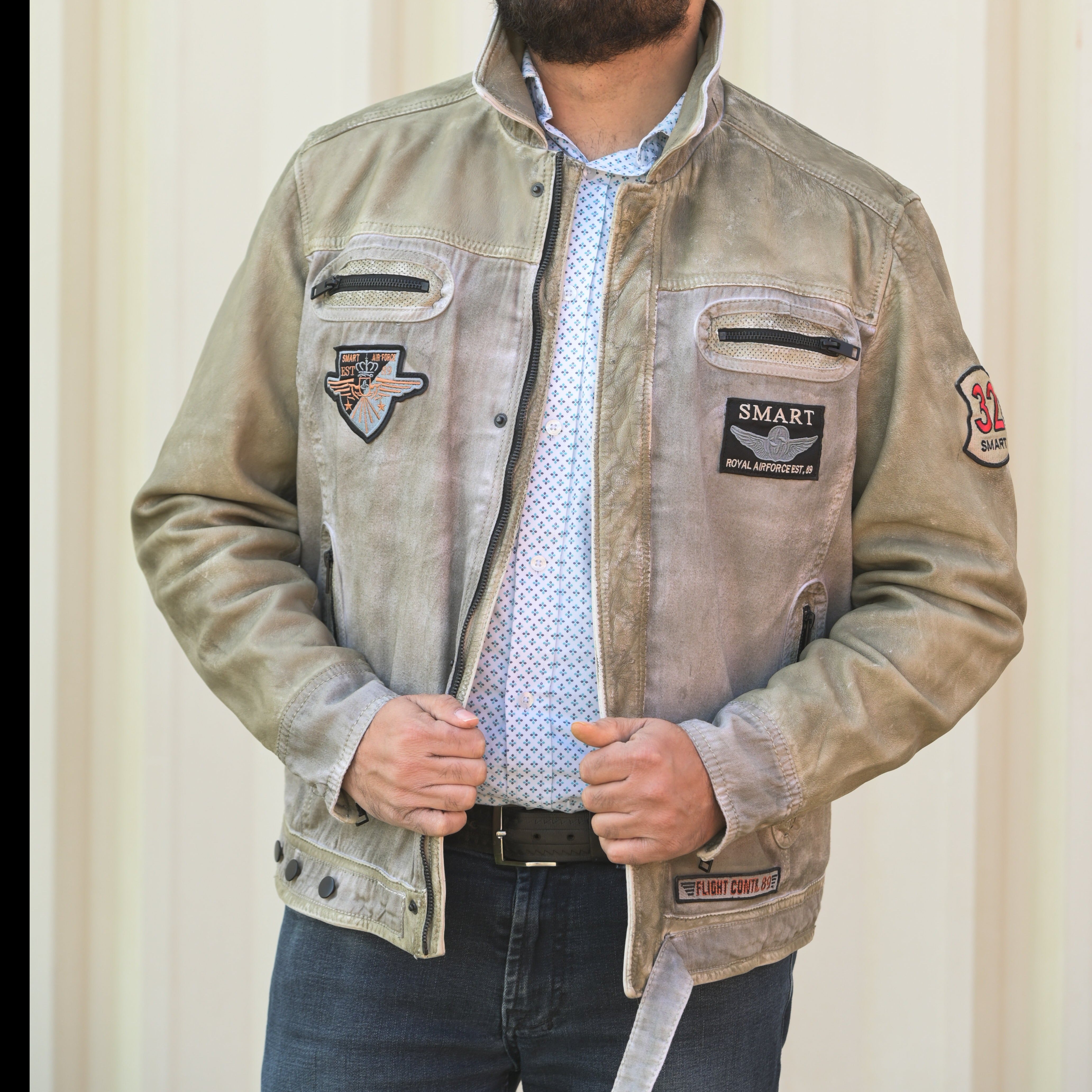 Men's Leather and Twill Jacket with Patches and Four Zip Pockets - Boutique of Leathers/Open Road