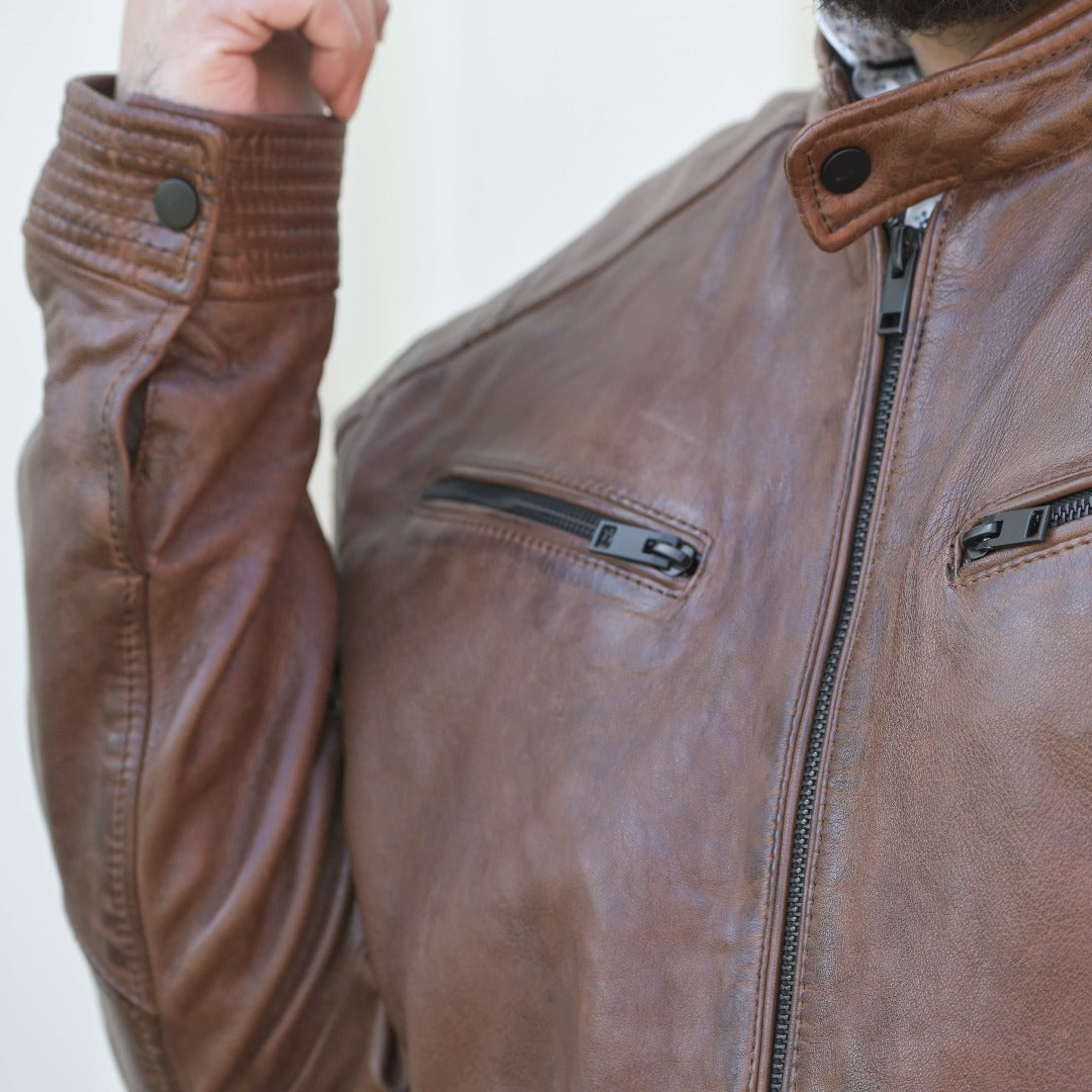 Men's Snap Collar Leather Jacket - Boutique of Leathers/Open Road