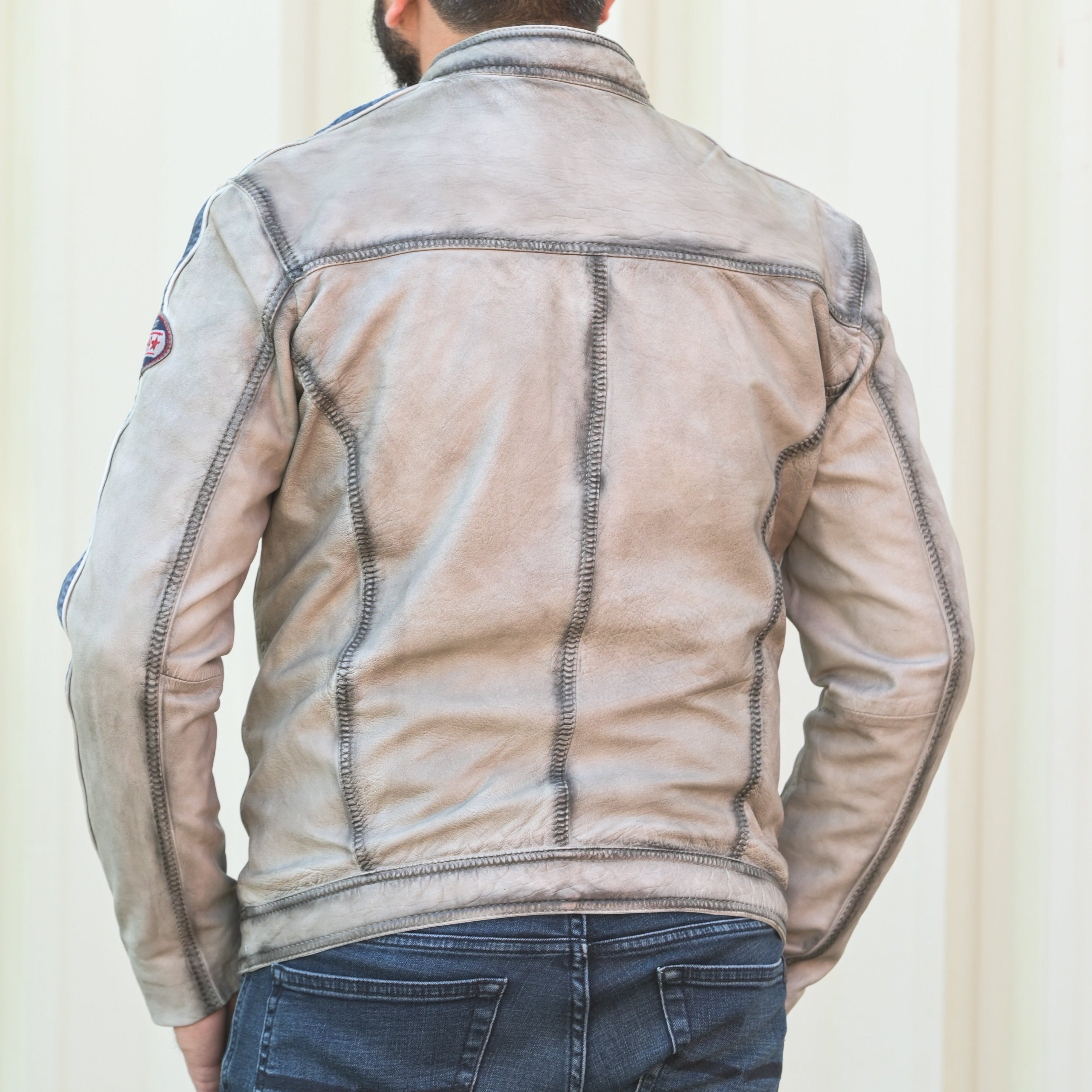 Men's Leather Jacket with Patches and Four Zip Pockets - Boutique of Leathers/Open Road