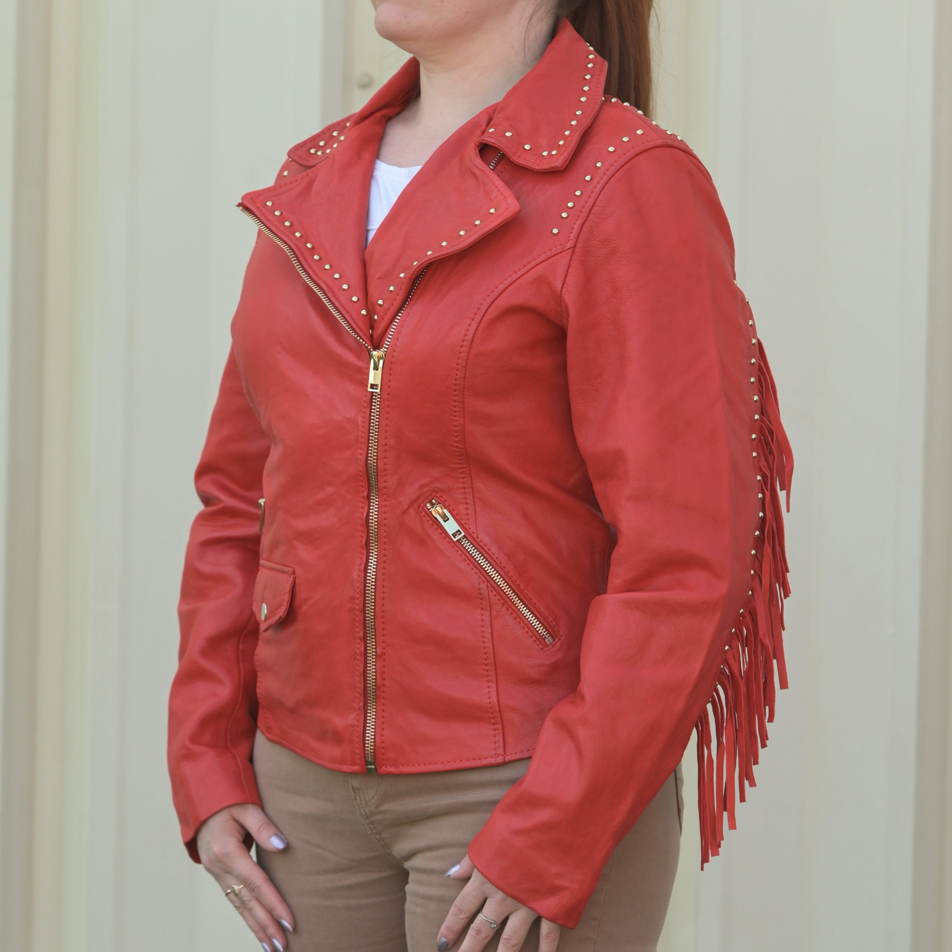 Women's Studded Leather Jacket with Removable Fringe - Boutique of Leathers/Open Road