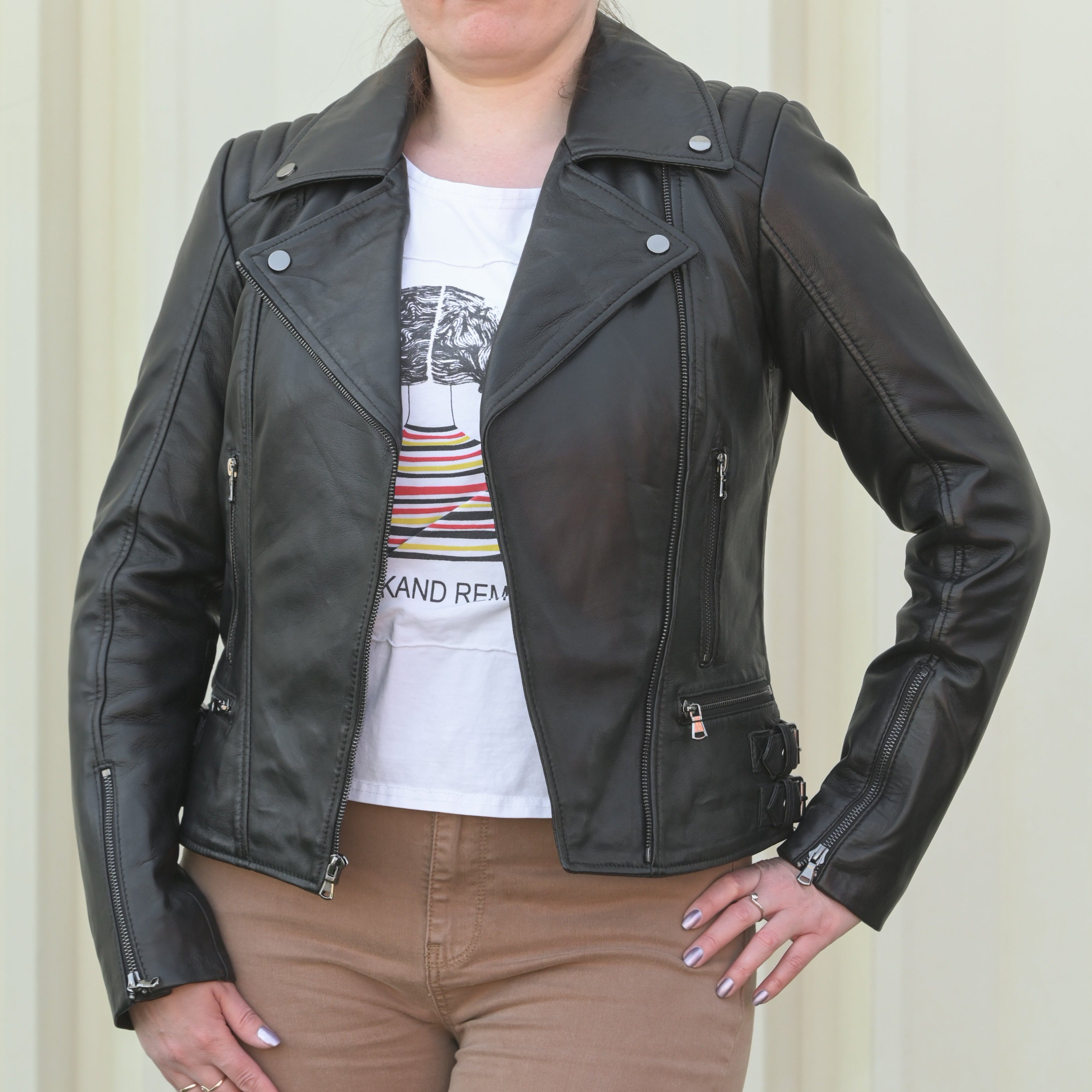 Women's Biker Look Sheep Leather Jacket - Boutique of Leathers/Open Road