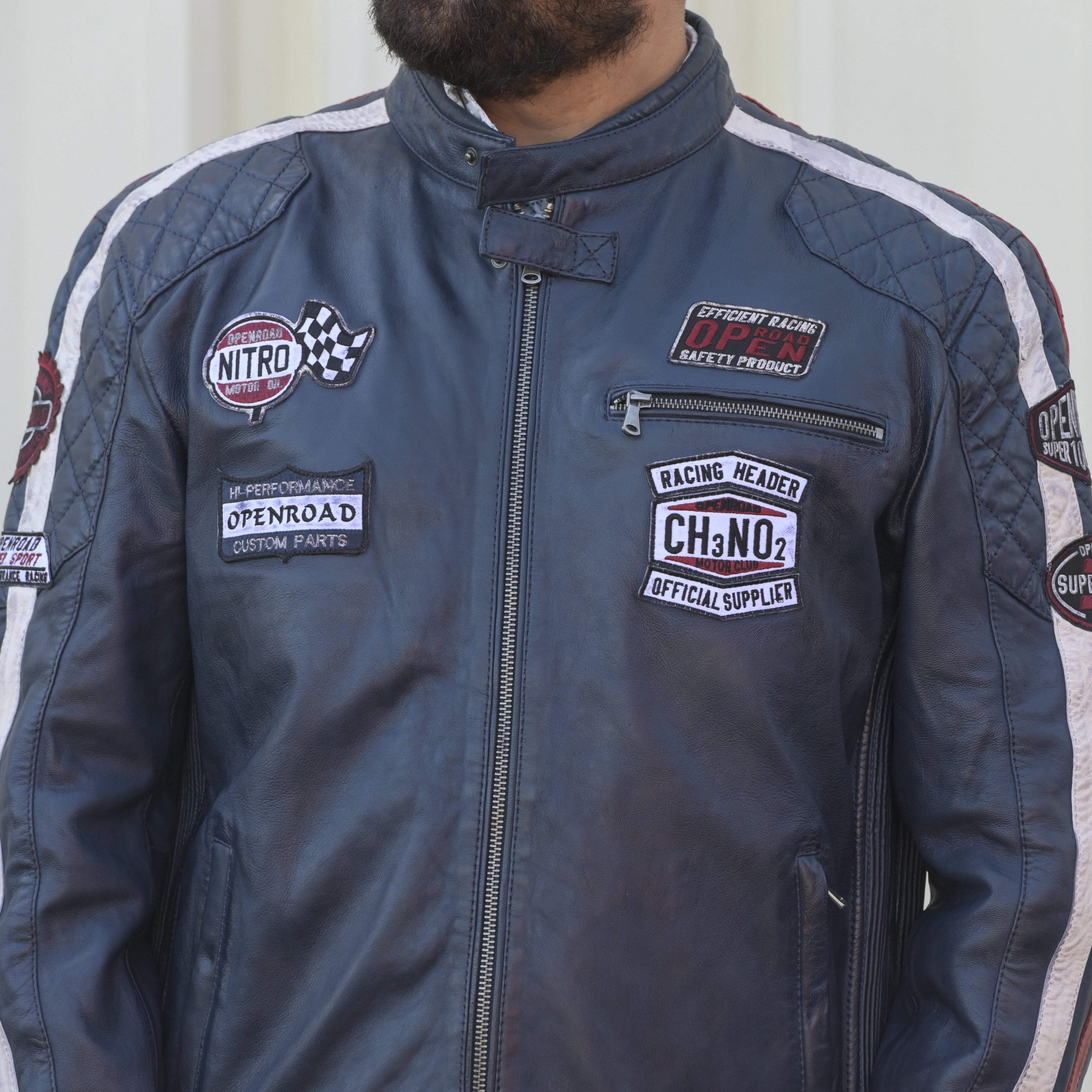 Men's Racer Jacket with Patches and Striped Accents - Boutique of Leathers/Open Road