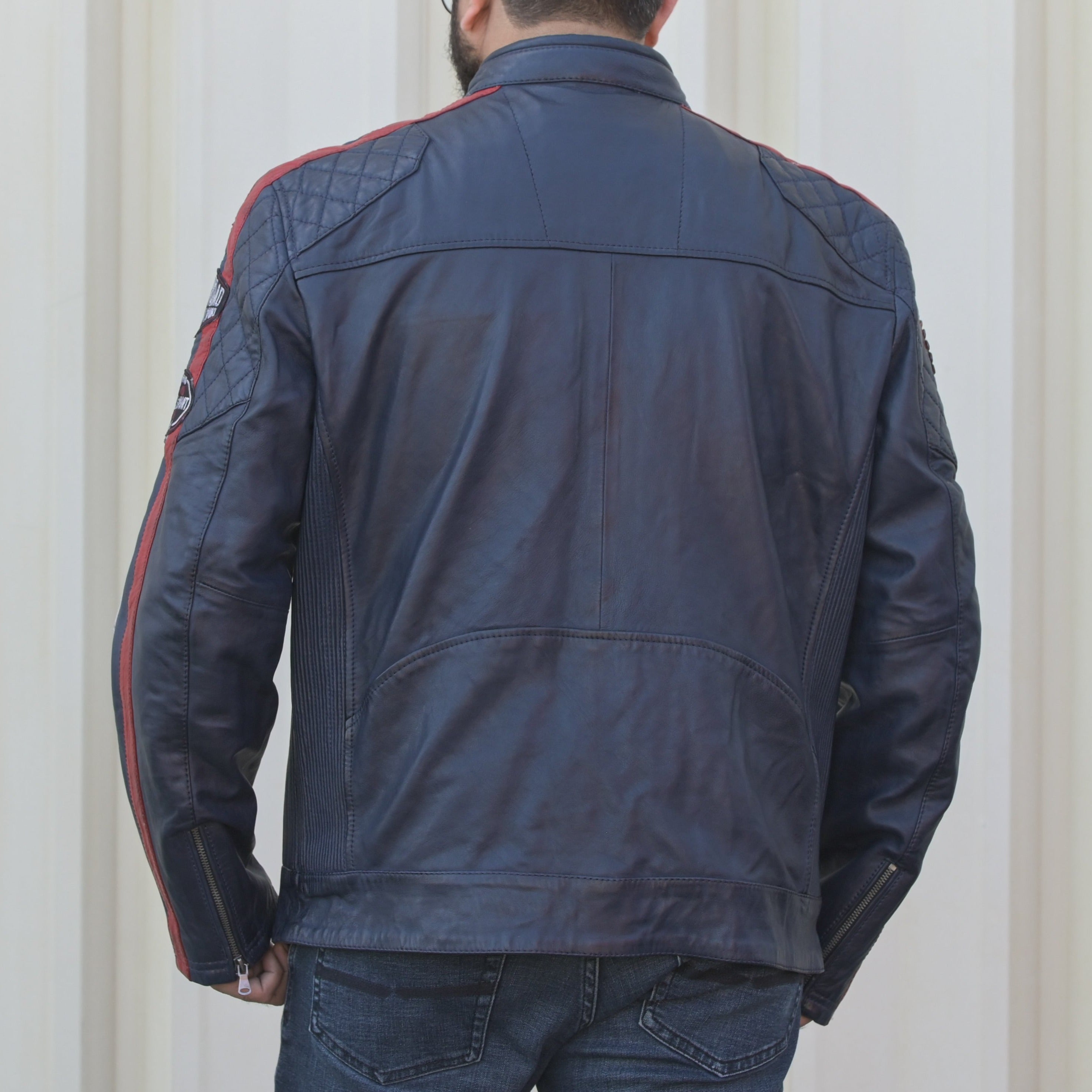 Men's Racer Jacket with Patches and Striped Accents - Boutique of Leathers/Open Road