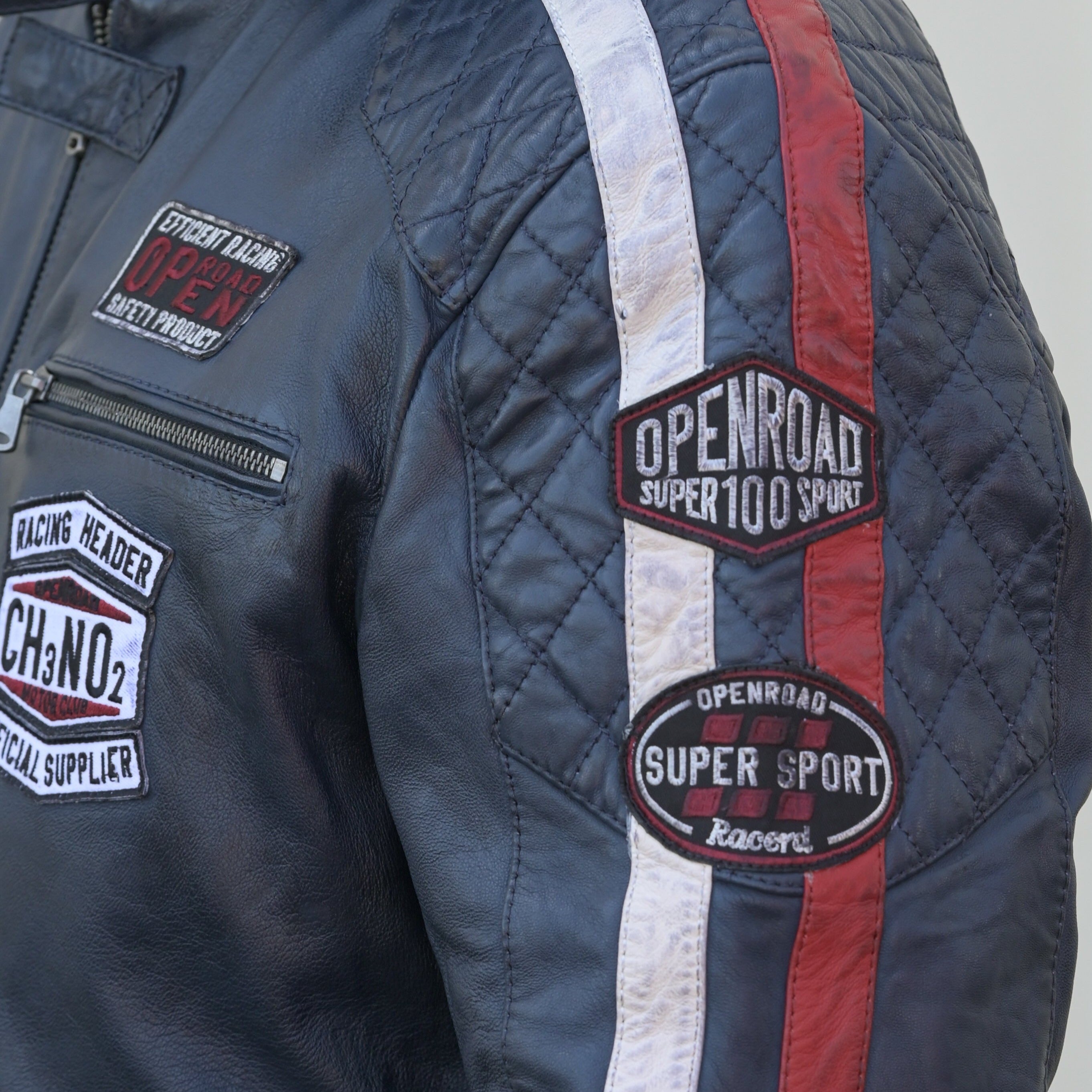 Men's Racer Jacket with Patches and Striped Accents - Boutique of Leathers/Open Road