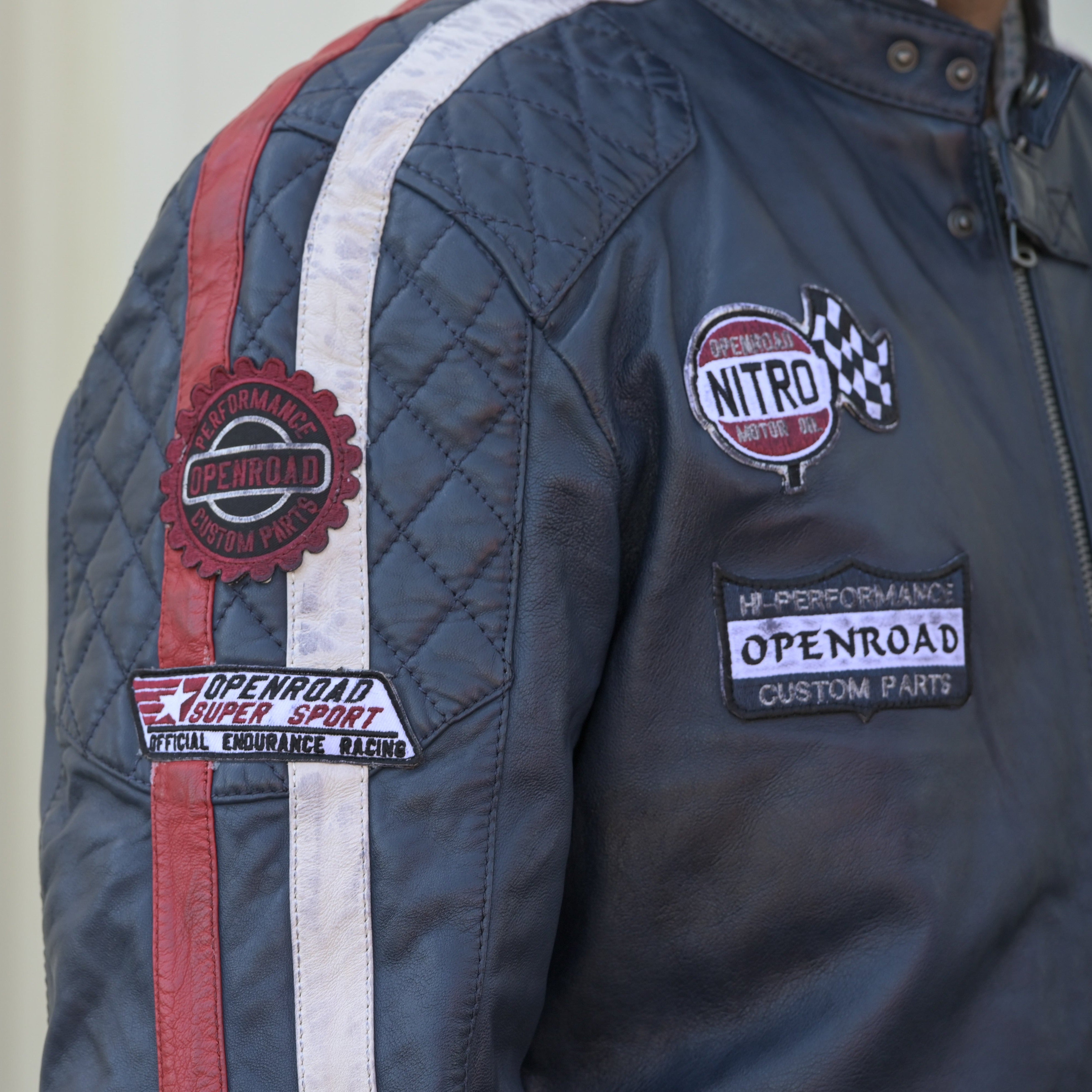 Men's Racer Jacket with Patches and Striped Accents - Boutique of Leathers/Open Road