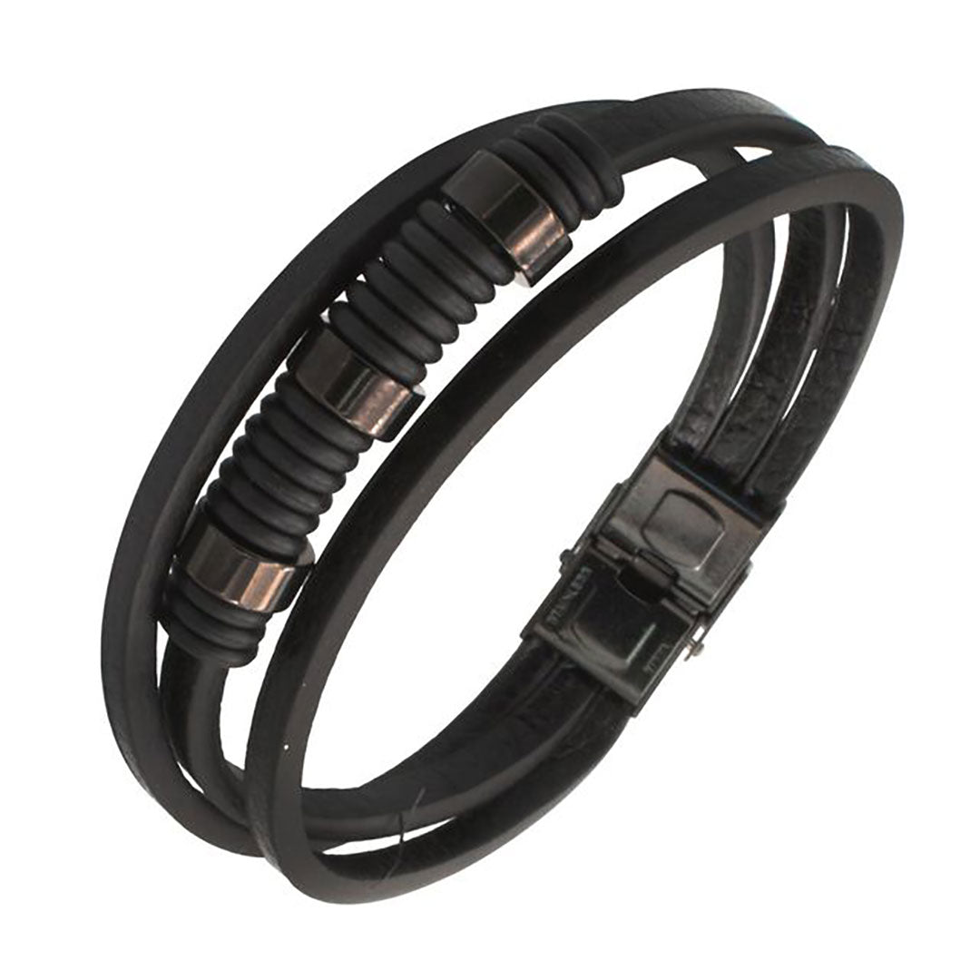 GoSteel Men's Multi-Layer Genuine Leather with  Black Stainless Steel Ornaments Bracelet