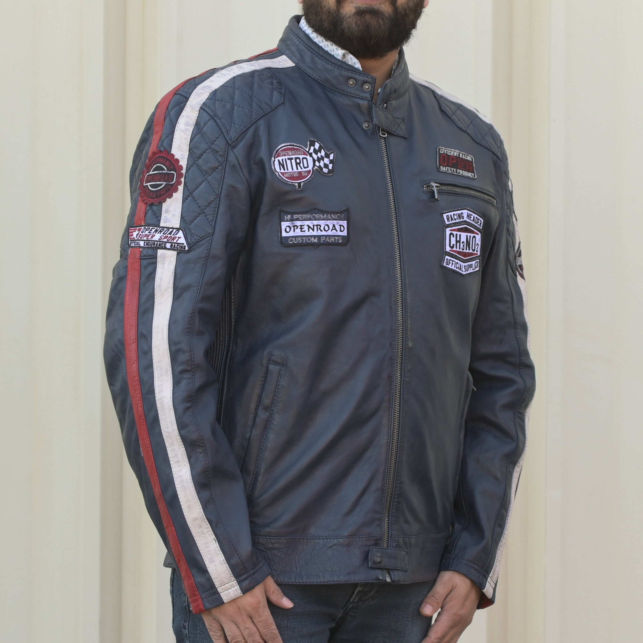 Men's Racer Jacket with Patches and Striped Accents - Boutique of Leathers/Open Road