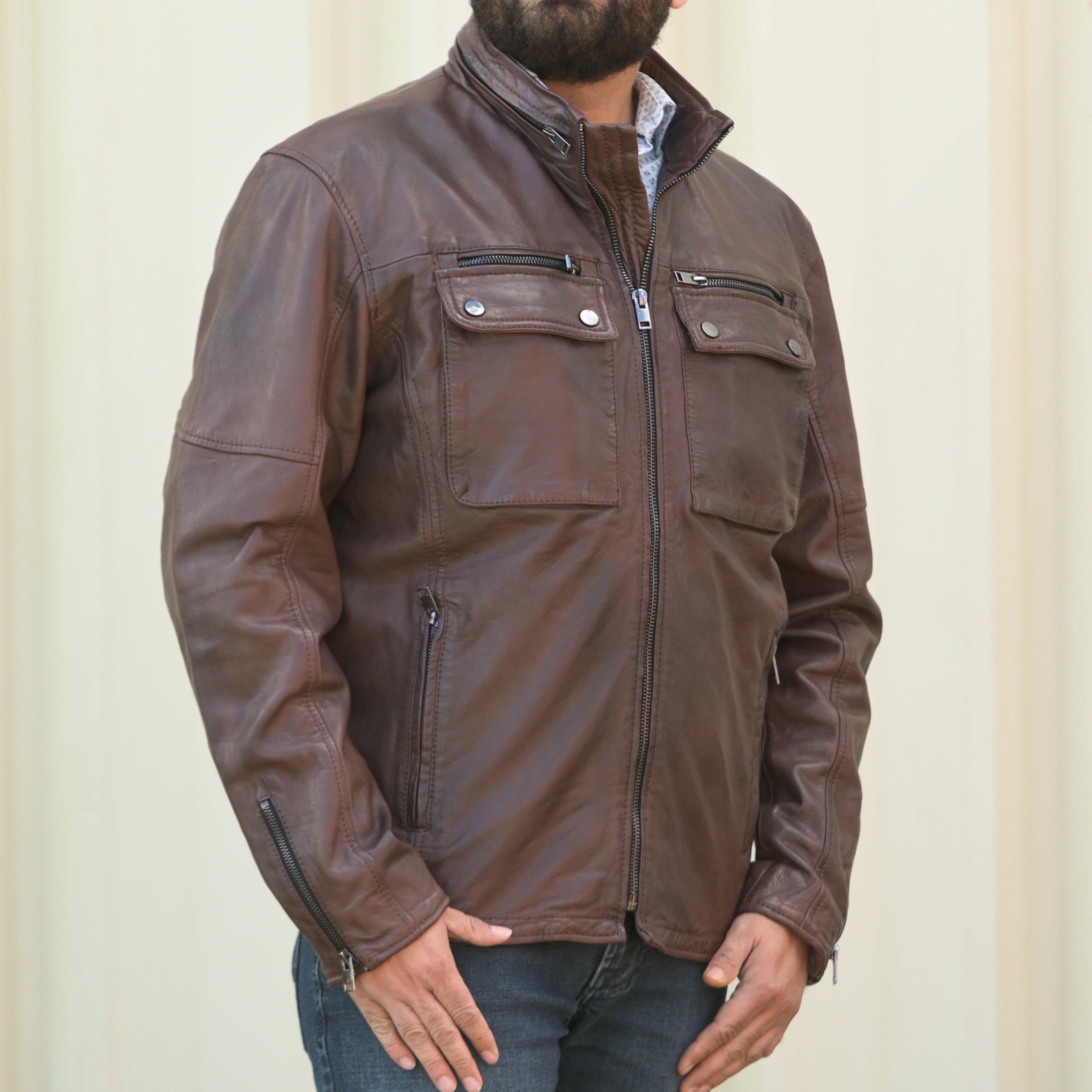 Men's Two Chest Flap Pockets Leather Jacket - Boutique of Leathers/Open Road