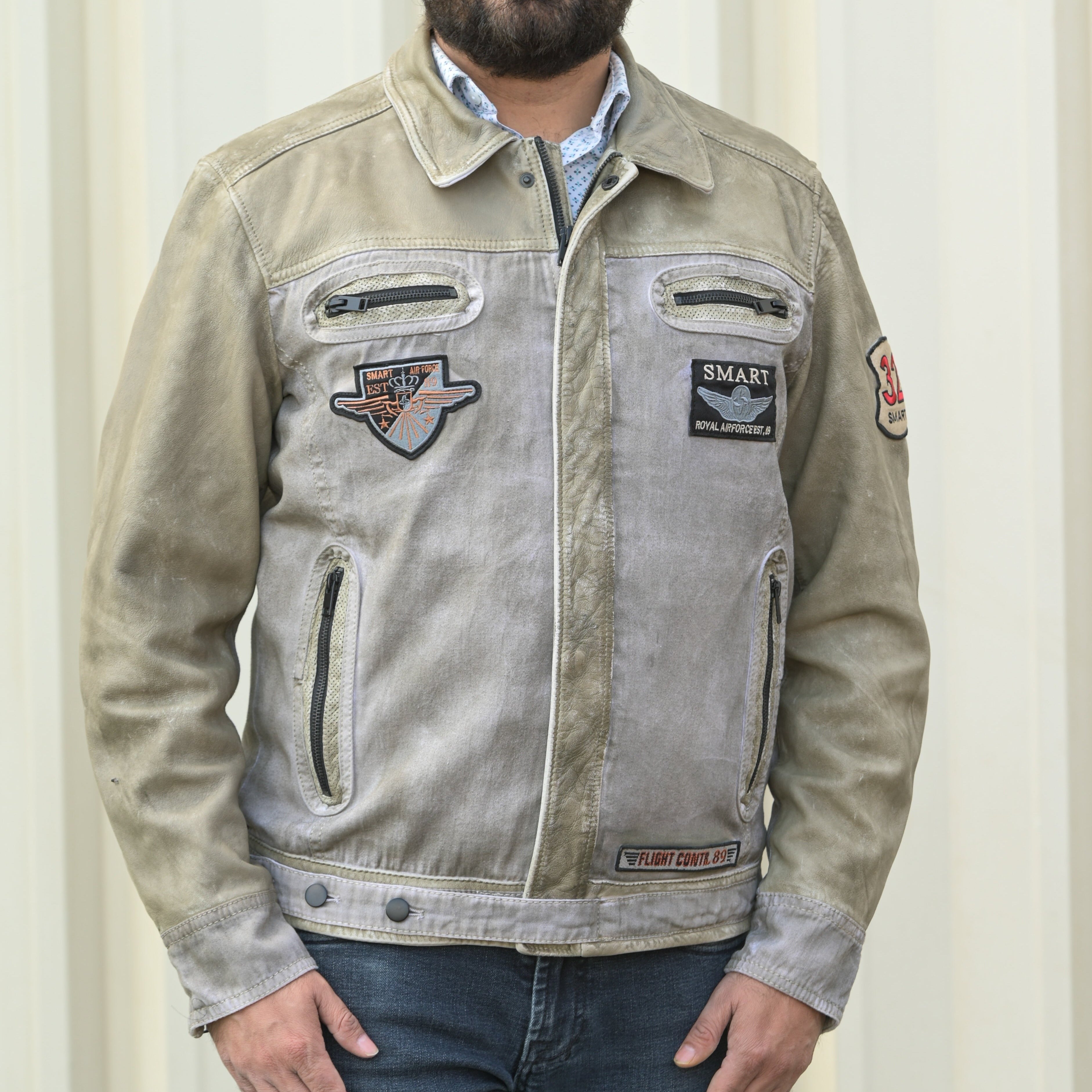 Men's Leather and Twill Jacket with Patches and Four Zip Pockets - Boutique of Leathers/Open Road