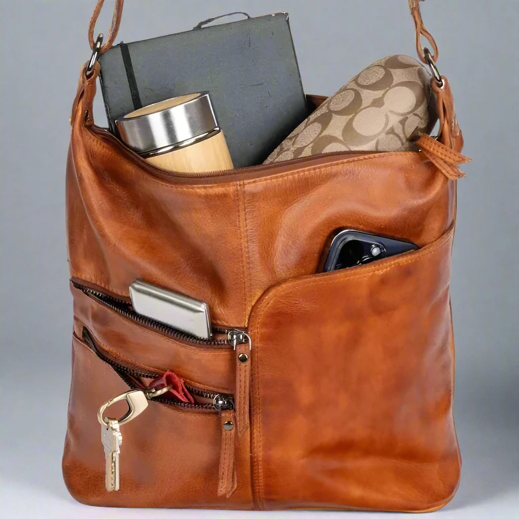 Greenwood Leather Shoulder Bag with 2 Zip Pockets