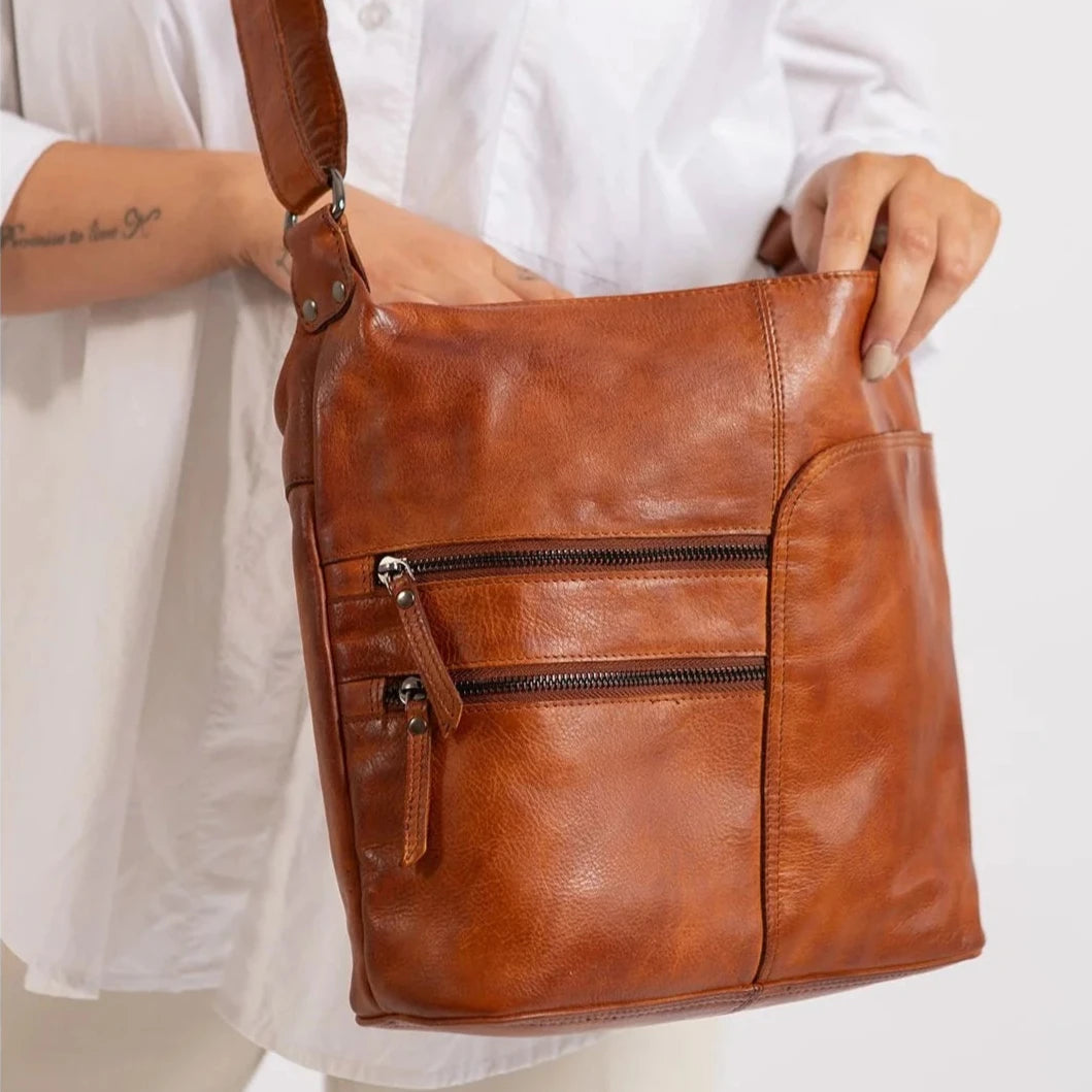 Greenwood Leather Shoulder Bag with 2 Zip Pockets