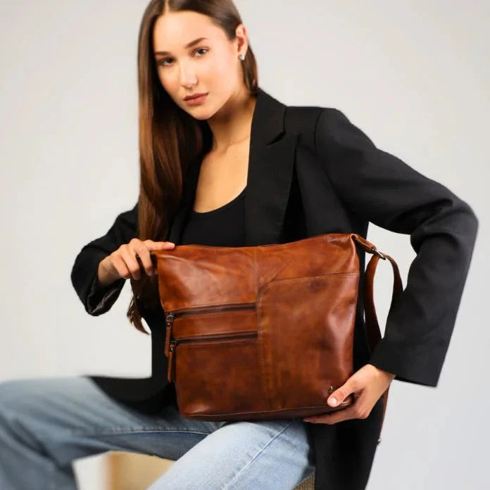 Greenwood Leather Shoulder Bag with 2 Zip Pockets