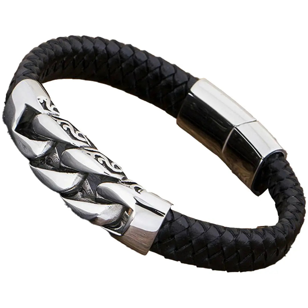 GoSteel Men's Leather and Steel Cuban Link Bracelet Men's Jewelry Boutique of Leathers/Open Road