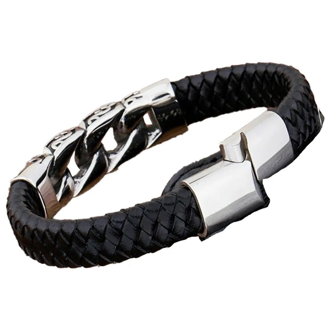 GoSteel Men's Leather and Steel Cuban Link Bracelet Men's Jewelry Boutique of Leathers/Open Road