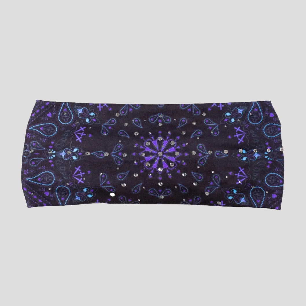 A black fabric bandana or headwrap featuring a purple and blue paisley pattern with small rhinestone embellishments, shown flat against a white background.