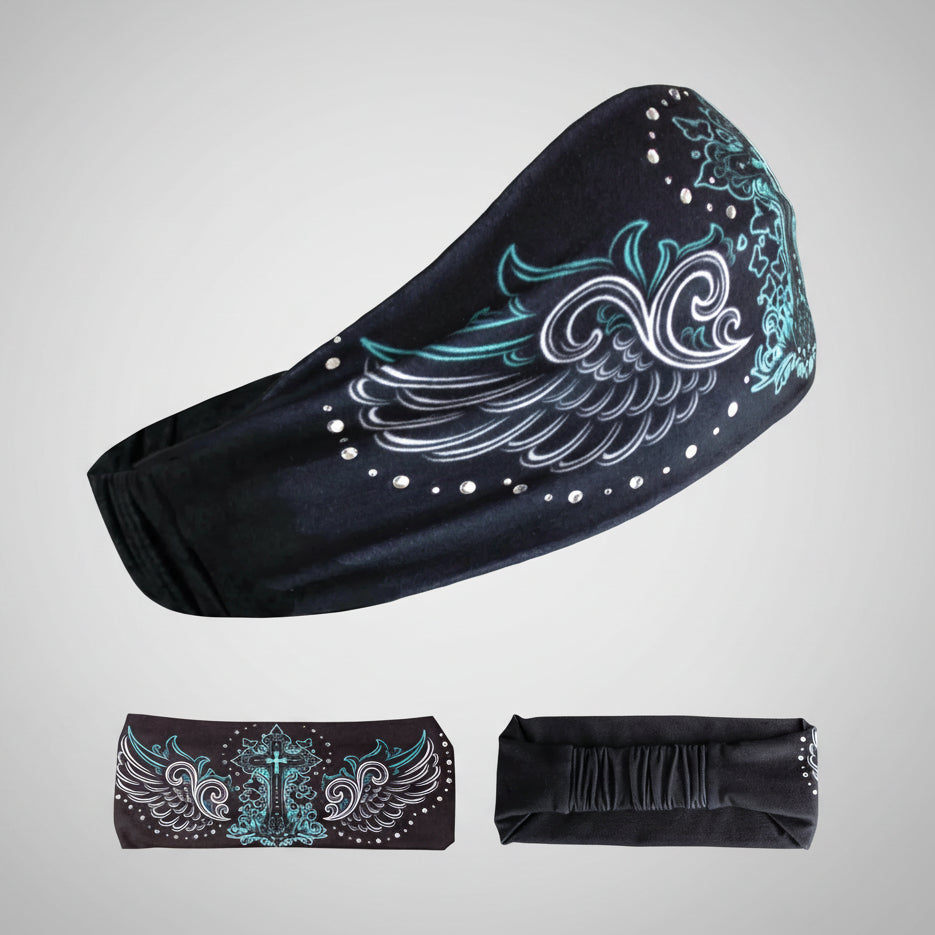 Black headband with teal and white designs on a white background