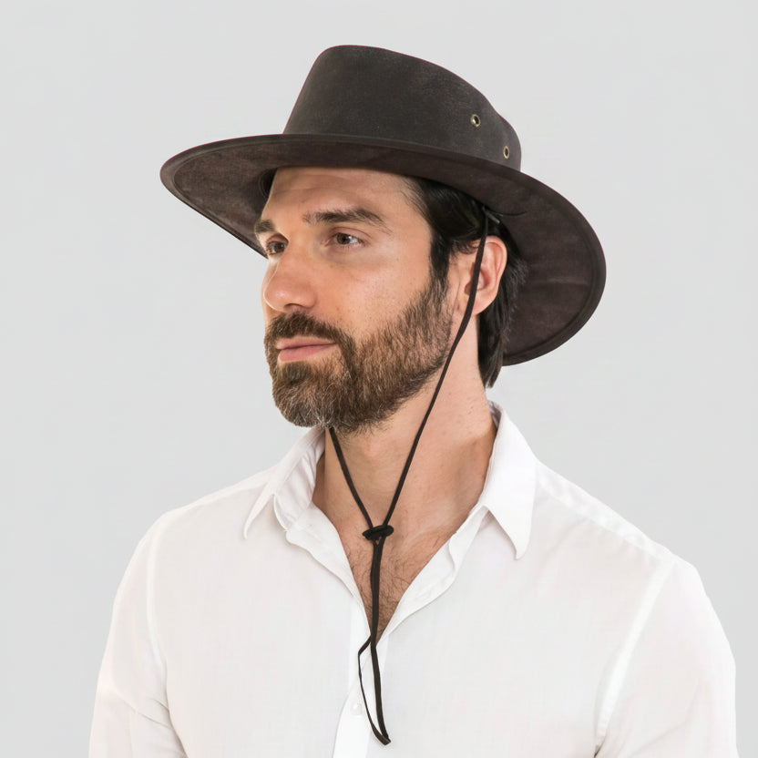 Flat Brim Leather Cowboy Hat. Premium Western Hat with Studded Braided Band