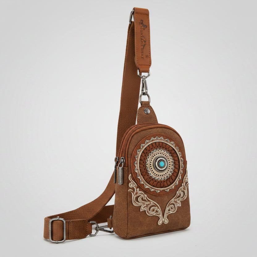 Montana West Concho Embroidered Sling Bag. Western Crossbody with Turquoise Rhinestone & Whipstitch Detail - Boutique of Leathers/Open Road