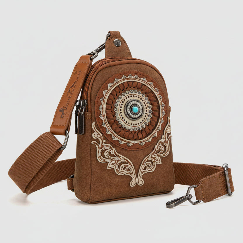 Montana West Concho Embroidered Sling Bag. Western Crossbody with Turquoise Rhinestone & Whipstitch Detail - Boutique of Leathers/Open Road