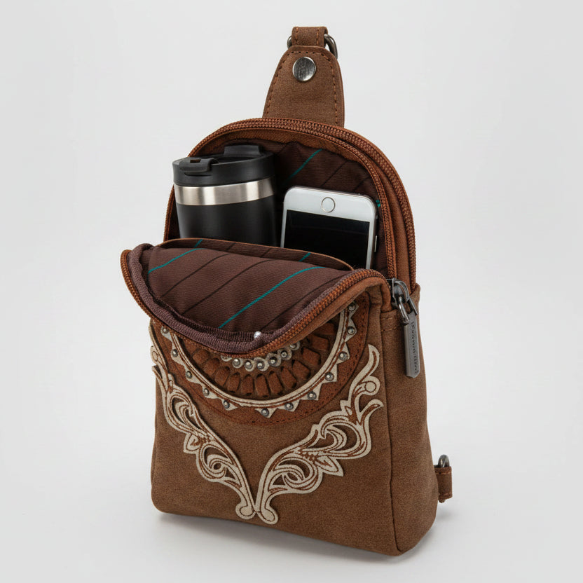 Montana West Concho Embroidered Sling Bag. Western Crossbody with Turquoise Rhinestone & Whipstitch Detail - Boutique of Leathers/Open Road