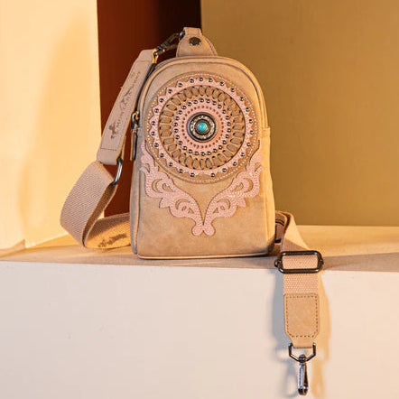 Montana West Concho Embroidered Sling Bag. Western Crossbody with Turquoise Rhinestone & Whipstitch Detail