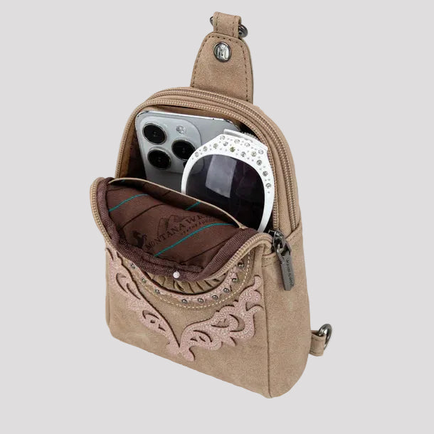 Montana West Concho Embroidered Sling Bag. Western Crossbody with Turquoise Rhinestone & Whipstitch Detail - Boutique of Leathers/Open Road