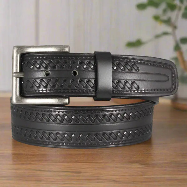 Keldon Leather Men's Whipstitch Tooled Leather Removable Buckle Belt -