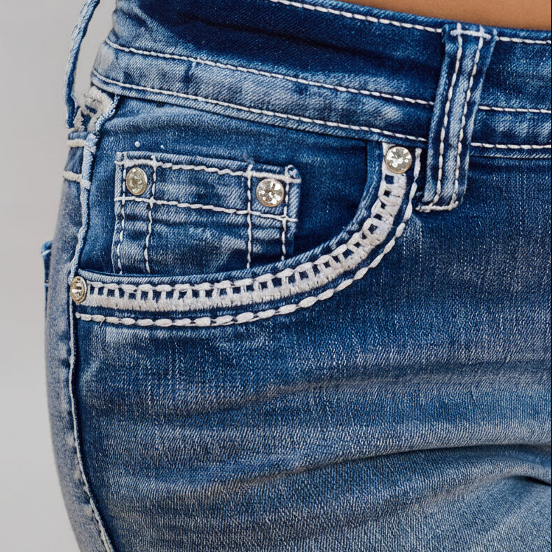 Westfield Eagle Women’s Embroidered Stretchy Denim Shorts. Low Rise Studded Shorts with Rhinestones - Boutique of Leathers/Open Road
