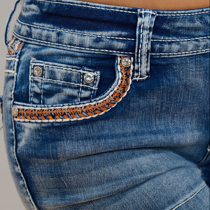 Westfield Eagle Women’s Embroidered Stretchy Denim Shorts. Low Rise Rhinestone & Sequin - Boutique of Leathers/Open Road