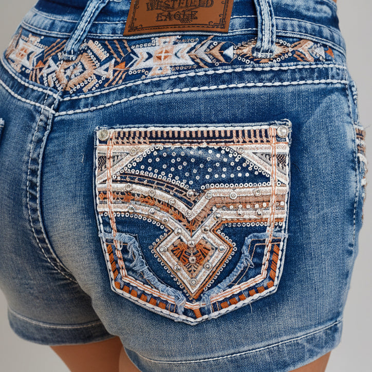 Westfield Eagle Women’s Embroidered Stretchy Denim Shorts. Low Rise Rhinestone & Sequin - Boutique of Leathers/Open Road