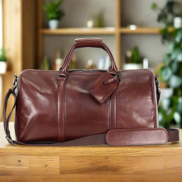 Tan leather duffle bag sale