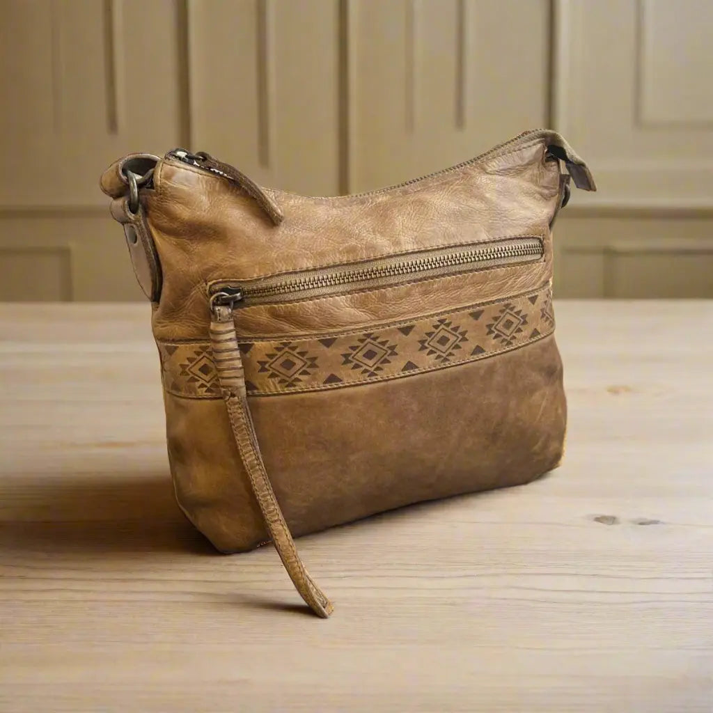 Crossbody Bag with Aztec Design Cognac