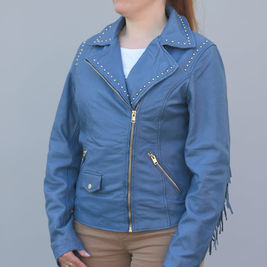 Women's Studded Leather Jacket with Removable Fringe - Boutique of Leathers/Open Road