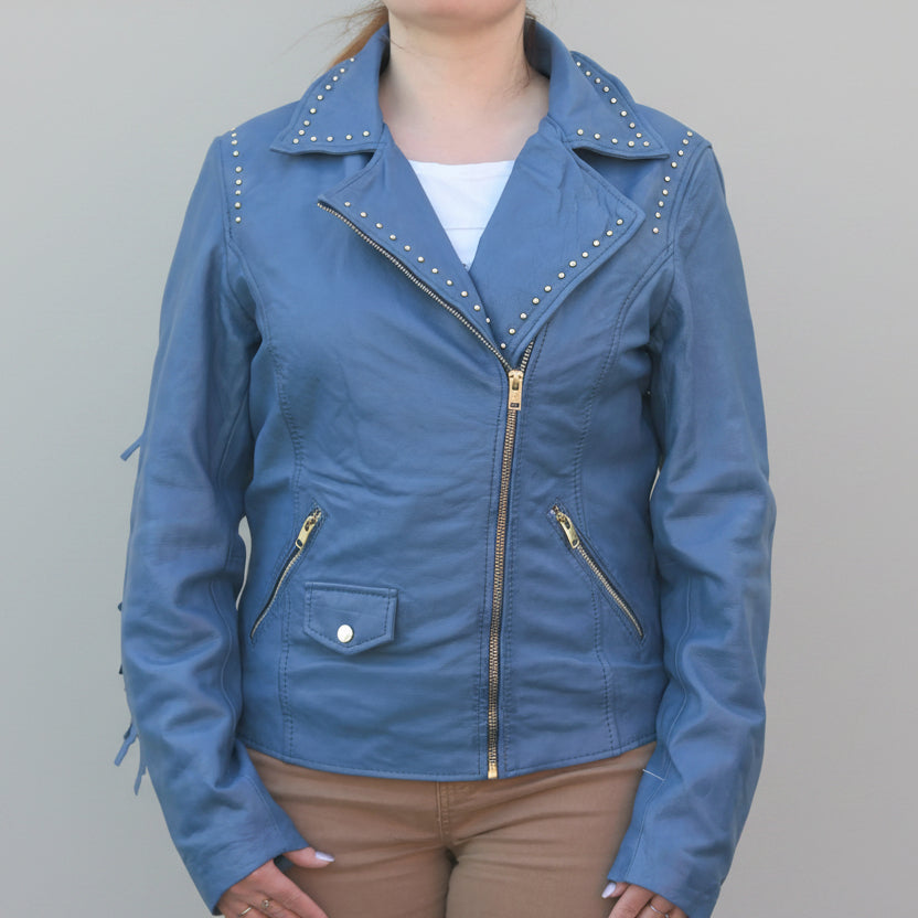 Women's Studded Leather Jacket with Removable Fringe - Boutique of Leathers/Open Road