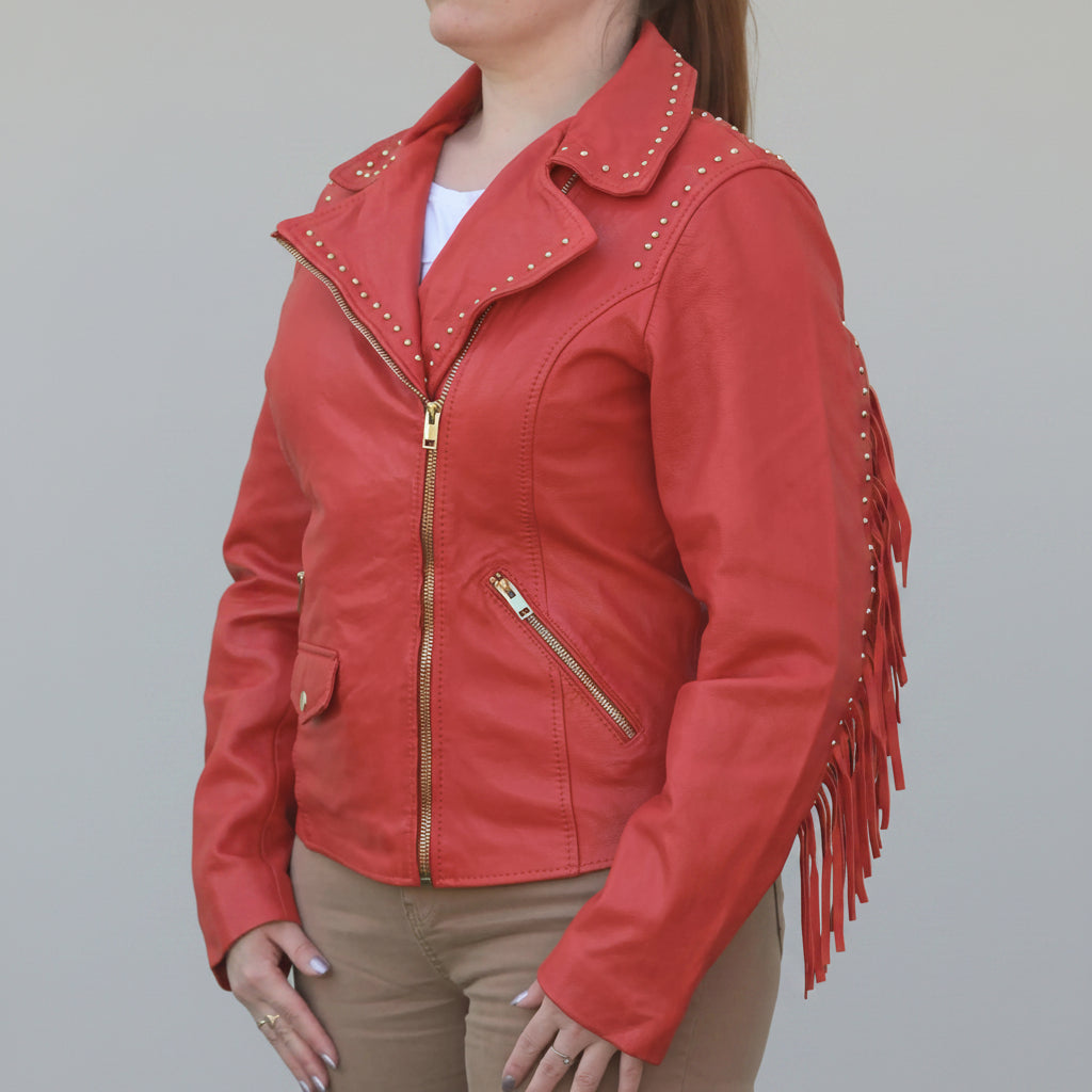 Women's Studded Leather Jacket with Removable Fringe - Boutique of Leathers/Open Road