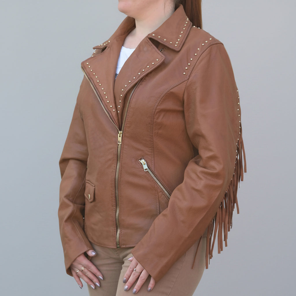 Women's Studded Leather Jacket with Removable Fringe - Boutique of Leathers/Open Road