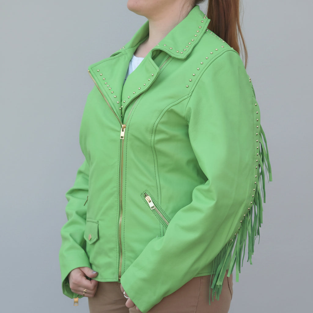 Women's Studded Leather Jacket with Removable Fringe - Boutique of Leathers/Open Road